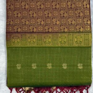 Pure Kanchi Soft silk (Dark Olive green with maroon border)